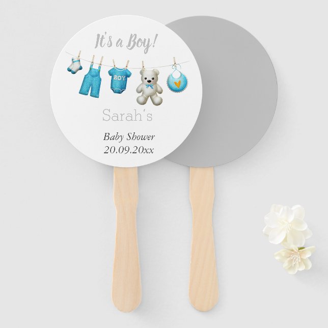 Modern it’s a Boy Cute Blue Grey Baby Shower  Hand Fan (Front and Back)