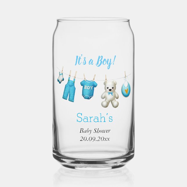 Modern it’s a Boy Cute Laundry Baby Shower Party  Can Glass (Front)