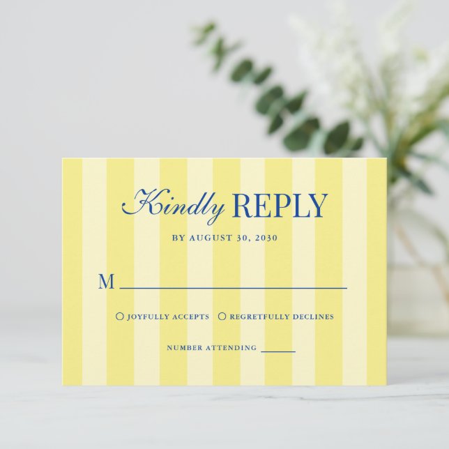 Modern Italian Striped Blue & Yellow Wedding RSVP Card (Standing Front)