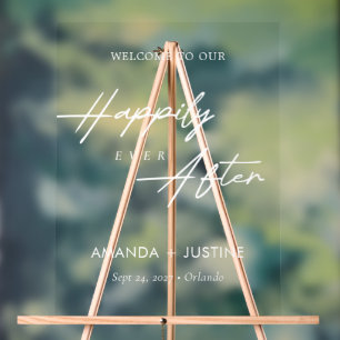Modern Italic Script Happily Ever After Wedding Acrylic Sign