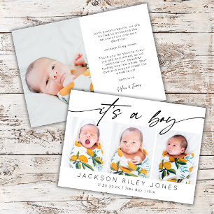 Modern It's a Boy Baby Newborn 3 Photo Collage   Announcement