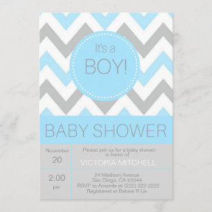 Modern 'It's a Boy' Blue/Grey Chevron Baby Shower Invitation
