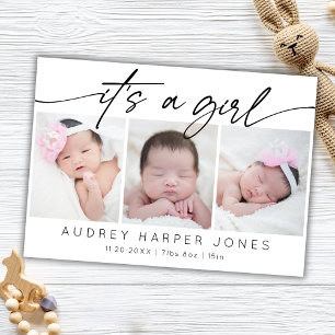 Modern It's a Girl Baby Newborn 3 Photo Collage   Card