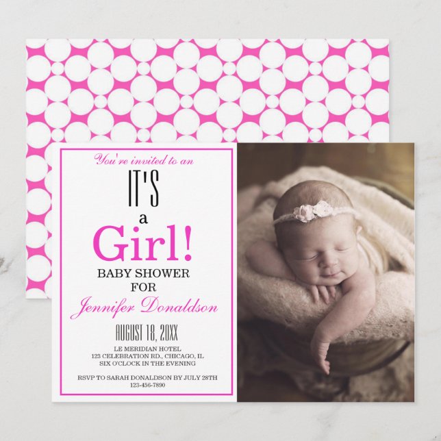 Modern It's a Girl! Pink Photo Baby Shower Invitation (Front/Back)