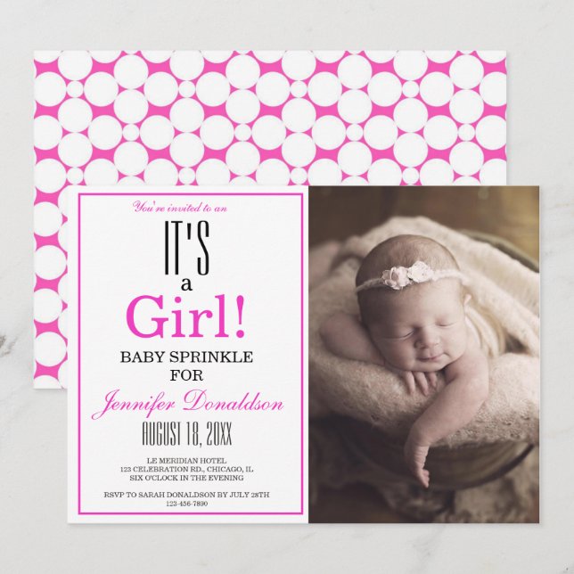 Modern It's a Girl! Pink Photo Baby Sprinkle Invitation (Front/Back)