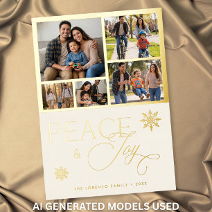 Modern Ivory 5 Photo Collage Peace & Joy Foil Holiday Card