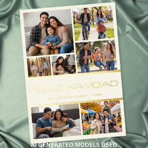 Modern Ivory 7 Photo Collage Feliz Navidad Foil Holiday Card