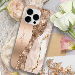 Modern Ivory Agate & Rose Gold Glitter Monogram Case-Mate iPhone 14 Pro Max Case