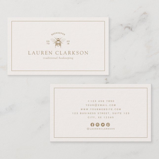 Modern Ivory and Gold Bee Logo Beekeeper  Business Card (Front/Back)