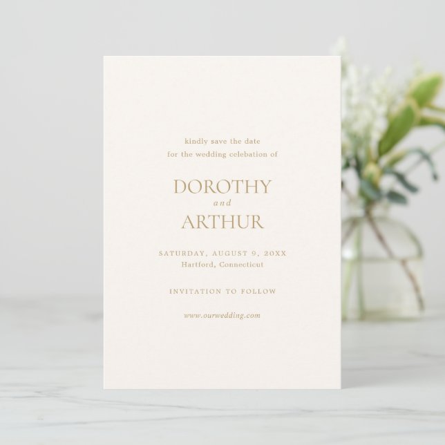 Modern Ivory and Gold Elegant Wedding Save The Date (Standing Front)