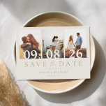 Modern Ivory and Tan 3 Photo Collage Wedding Save The Date<br><div class="desc">Create your own wedding save the date cards featuring 3 of your favourite photos. Modern bold typography design with simple 3 photo collage.</div>