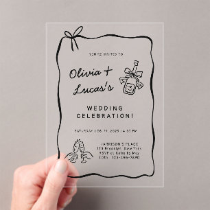 Modern Ivory & Black Hand-Drawn Wedding  Acrylic Invitations