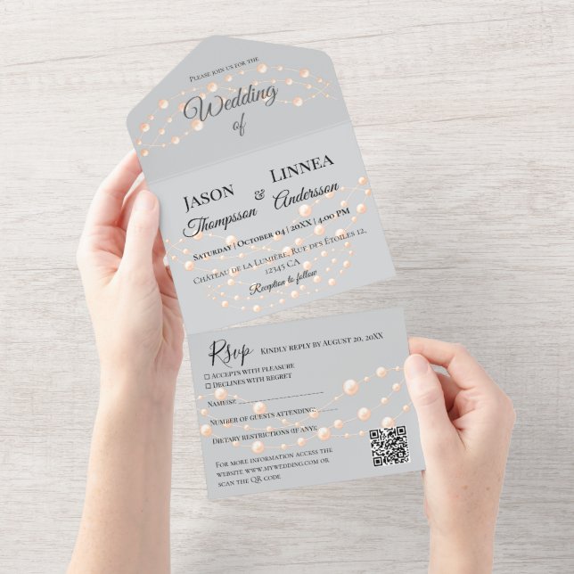Modern Ivory Blush Romantic Pearl Neutral Wedding All In One Invitation (Tearaway)