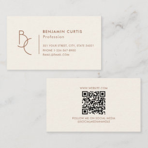 Modern Ivory Brown Monogram Minimalist QR Code Business Card