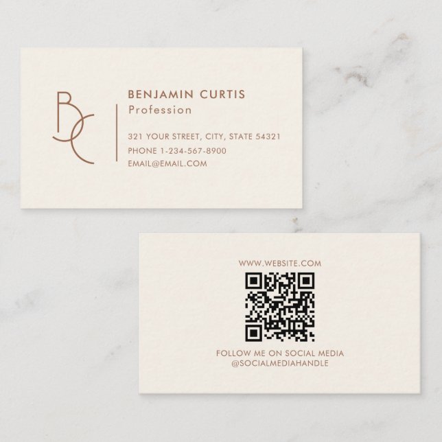 Modern Ivory Brown Monogram Minimalist QR Code Business Card (Front/Back)