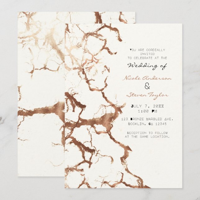 Modern Ivory Cream Bronze Rust Marble Wedding Invitation (Front/Back)