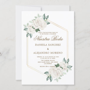 Modern Ivory Floral Nuestra Boda Spanish Wedding Invitation