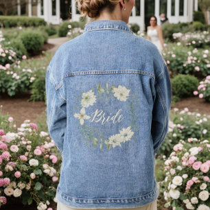 Modern Ivory Floral Script Personalised Bride Denim Jacket