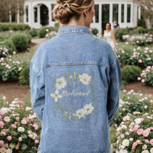 Modern Ivory Floral Script Personalised Bridesmaid Denim Jacket