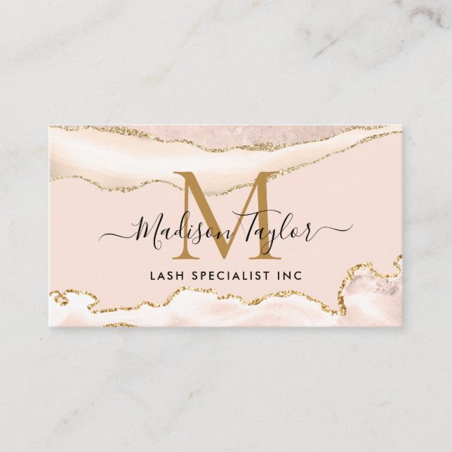 Modern Ivory Gold Glitter Marble Agate Monogram Business Card (Front)