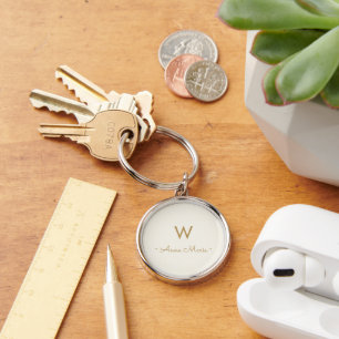 Modern Ivory Gold Minimalist Monogram Key Ring