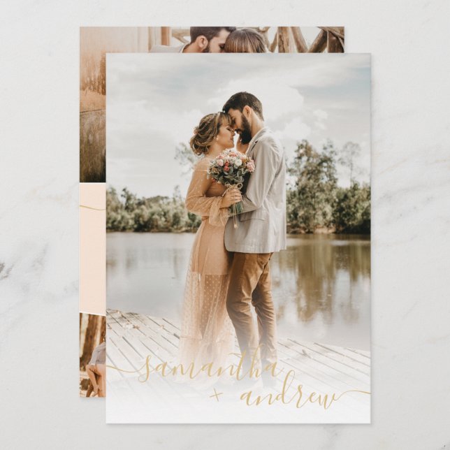 Modern ivory gold minimalist script photos wedding invitation (Front/Back)