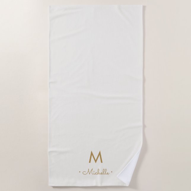 Modern Ivory Gold Script Monogram Beach Towel (Front)