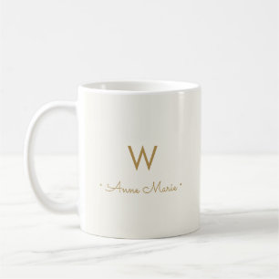 Modern Ivory Gold Script Monogram Coffee Mug