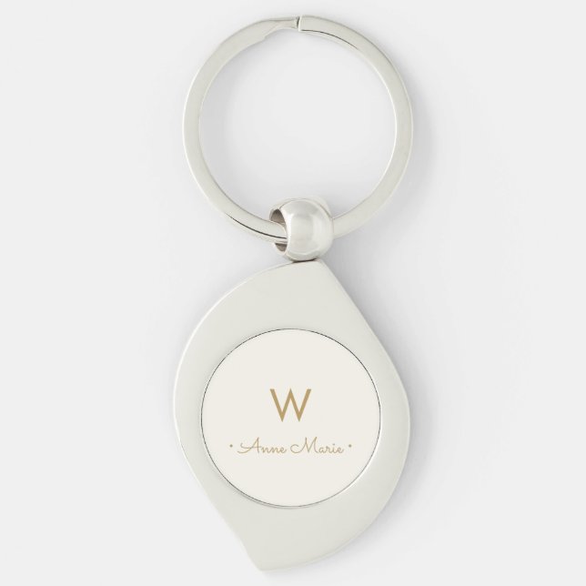 Modern Ivory Gold Script Monogram Key Ring (Front)