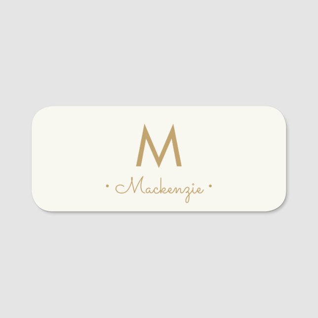 Modern Ivory Gold Script Monogram Name Tag (Front)