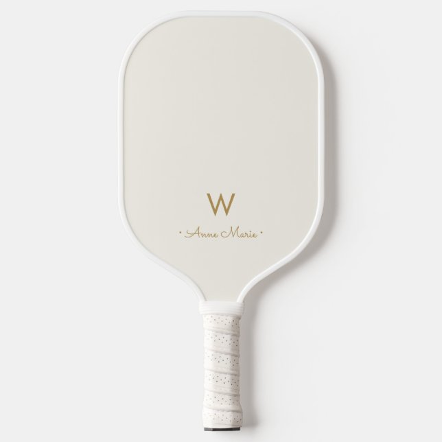 Modern Ivory Gold Script Monogram Pickleball Paddle (Front)