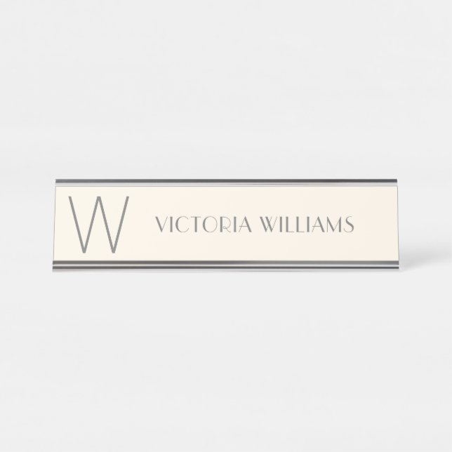 Modern ivory grey minimalist monogram name desk name plate (Front)