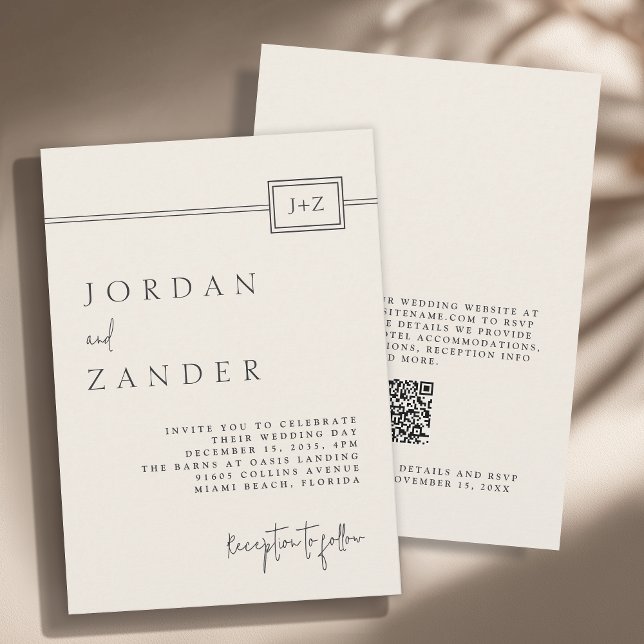 Modern Ivory Minimalist Monogram Wedding QR Code Invitation (Available in both printed and instant download digital formats.)