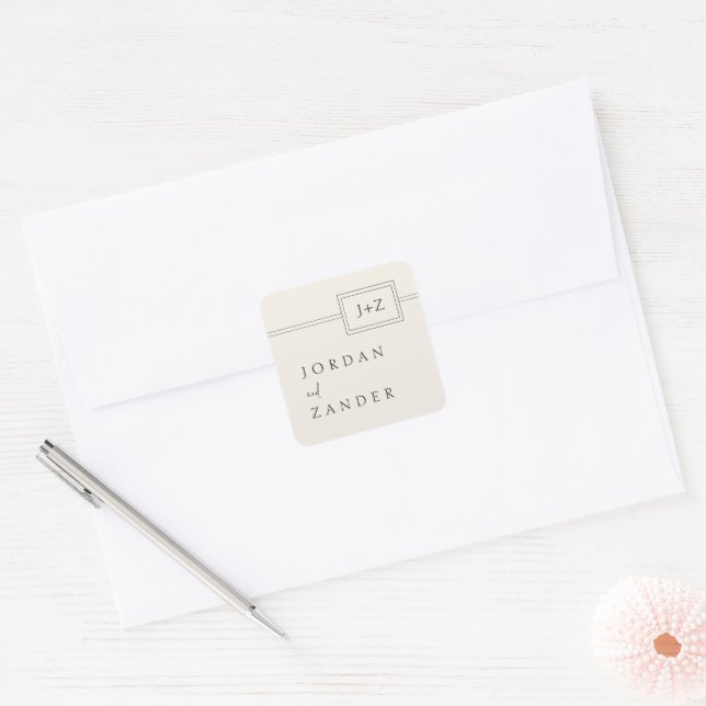 Modern Ivory Minimalist Monogram Wedding Square Sticker (Envelope)