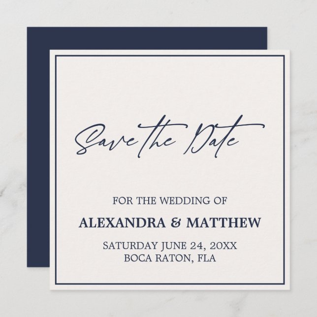 Modern Ivory & Navy Blue Typography Save The Date (Front/Back)