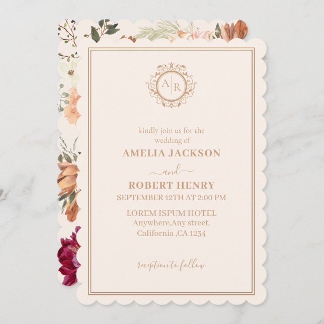 Modern Ivory orange maroon floral fall wedding Invitation (Front/Back)