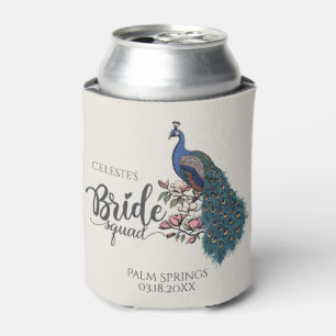 Modern Ivory Peacock Bride Squad Can Cooler