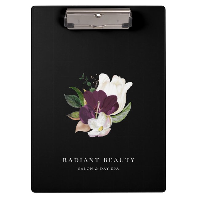 Modern Ivory Plum Floral Bouquet Black Clipboard (Front)