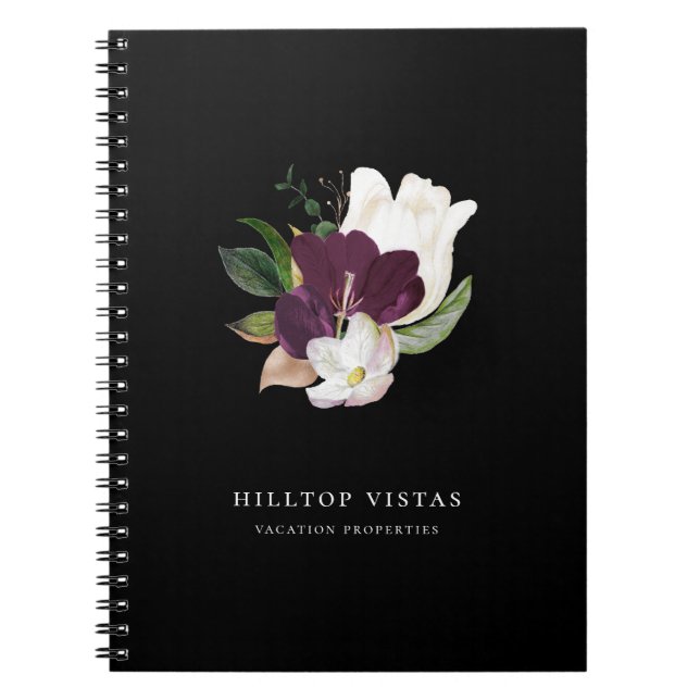 Modern Ivory Purple Floral Bouquet Black Notebook (Front)