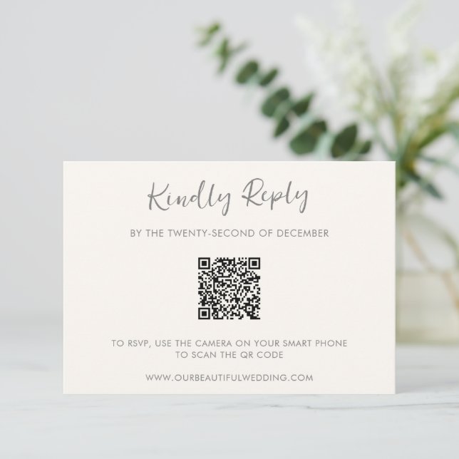 Modern Ivory QR Code Simple Wedding RSVP Card (Standing Front)