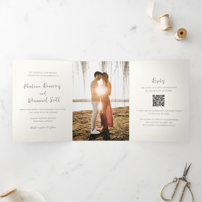 Modern Ivory QR Code Simple Wedding Tri-Fold Invitation (Inside)