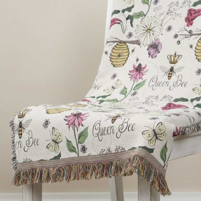 Modern Ivory Queen Bee Floral Illustration Pattern Throw Blanket (Elegant Nature Inspired Floral Queen Bee, Wildflowers, Beehive Insect Bee Throw Blankets for Her)