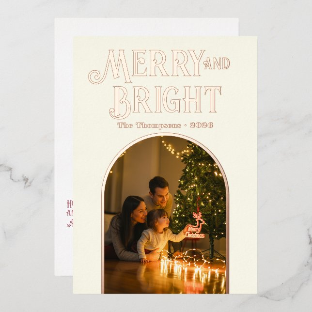 Modern Ivory & Rose Gold Christmas Photo Foil Holiday Card (Front/Back)