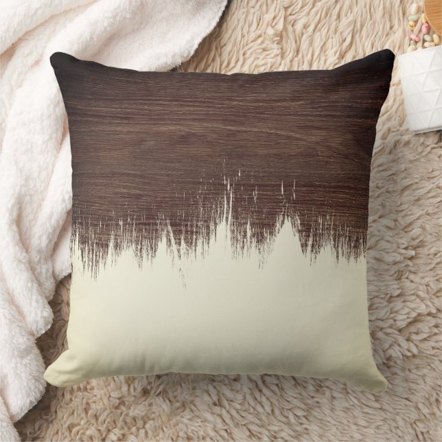 Modern ivory rustic dark brown wood brushstrokes cushion (Blanket)