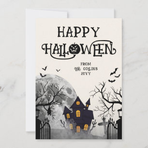 Modern Ivory Spooky Haunted House Happy Halloween Holiday Card