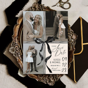 Modern Ivory Watercolor Black Bow 3 Photo Wedding Save The Date