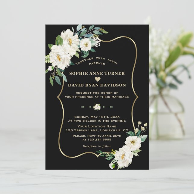 Modern Ivory White Flowers Rose Gold Black Wedding Invitation (Standing Front)