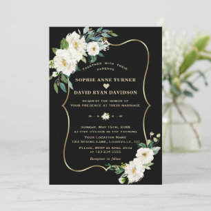 Modern Ivory White Flowers Rose Gold Black Wedding Invitation