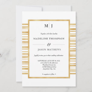 Modern Ivory White Gold Stripes Border Wedding Invitation