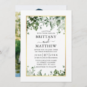Modern Ivy Sage Greenery Photo Gold Wedding Invitation